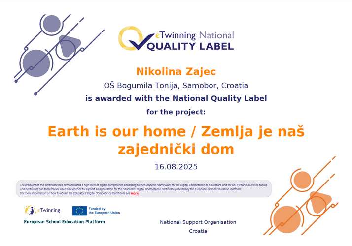 Nacionalna oznaka kvalitete za sudjelovanje u eTwinning projektu “Zemlja je naš dom”